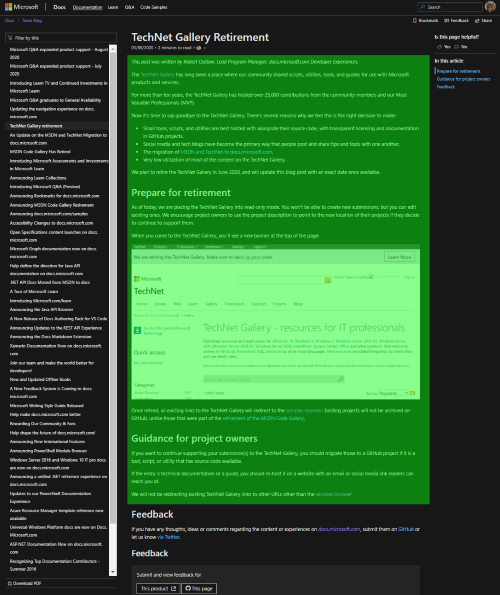 Docs page, highlighting the very center piece of the content